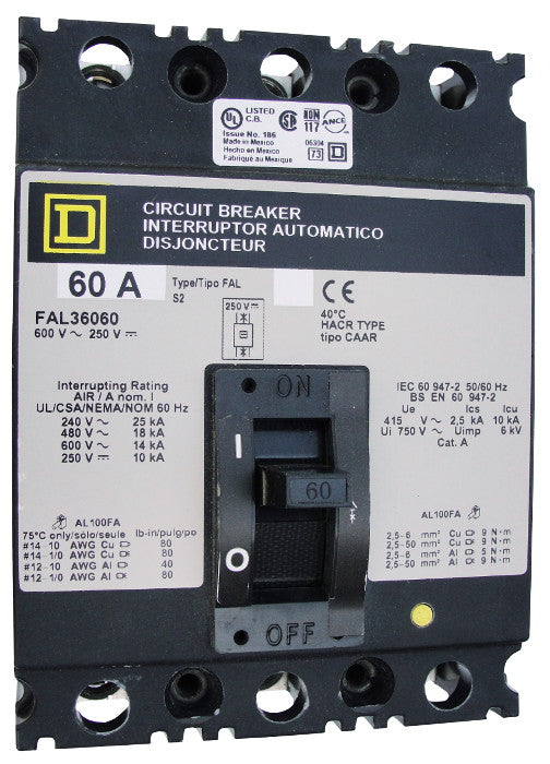 FAL361001021 FAL Frame Style, Molded Case Circuit Breaker, Thermal Magnetic Non-interchangeable Trip Unit, 100 Ampere at 40 Degree Celsius, 3 Pole, with 120VAC Shunt Installed, Line and Load End Terminals Standard. New Surplus and Certified Reconditioned with 1 Year Warranty.