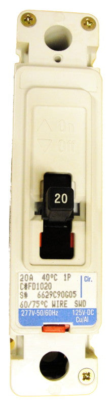 FD1020L FD Frame Style, Molded Case Circuit Breaker, Thermal Magnetic Non-interchangeable Trip Unit, 20 Ampere at 40 Degree Celsius, 1 Pole, 600VAC @ 50/60HZ, Line and Load End Terminals Standard. New Surplus and Certified Reconditioned with 1 Year Warranty.