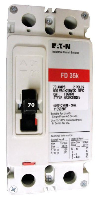 FD Frame Style, Molded Case Circuit Breaker, Thermal Magnetic Non-interchangeable Trip Unit, 70 Ampere at 40 Degree Celsius, 2 Pole, 600VAC @ 50/60HZ, Interrupting Ratings: 65 Kiloampere @ 240VAC, 35 Kiloampere @ 480VAC, 18 Kiloampere @ 600VAC, 10 Kiloampere @ 250VDC, Line and Load End Terminals Standard.