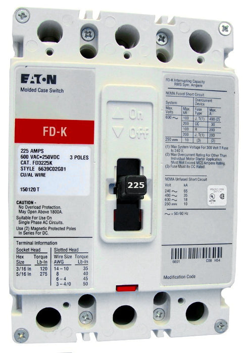 FD3225K FD Frame Style, High Magnetic Molded Case Switch, 225 Ampere at 40 Degree Celsius, 3 Pole, 600VAC @ 50/60HZ, Interrupting Ratings: 65 Kiloampere @ 240VAC, 35 Kiloampere @ 480VAC, 18 Kiloampere @ 600VAC, 10 Kiloampere @ 250VDC, Line and Load End Terminals Standard. New Surplus and Certified Reconditioned with 1 Year Warranty.