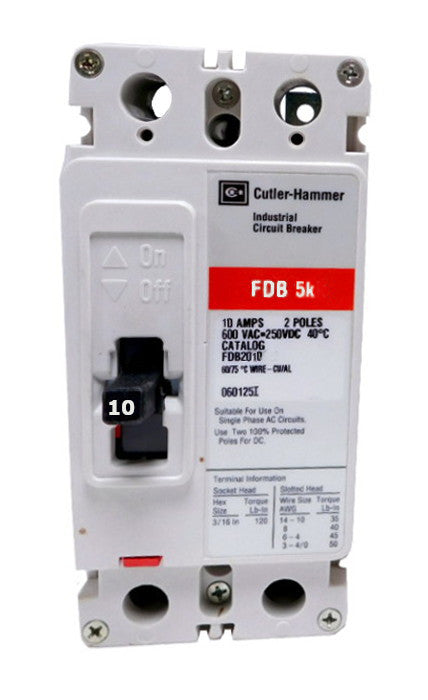 FDB2010L FDB Frame Style, Molded Case Circuit Breaker, Thermal Magnetic Non-interchangeable Trip Unit, 10 Ampere at 40 Degree Celsius, 2 Pole, 600VAC @ 50/60HZ, Line and Load End Terminals Standard. New Surplus and Certified Reconditioned with 1 Year Warranty.
