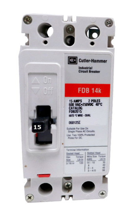 FDB2015L FDB Frame Style, Molded Case Circuit Breaker, Thermal Magnetic Non-interchangeable Trip Unit, 15 Ampere at 40 Degree Celsius, 2 Pole, 600VAC @ 50/60HZ, Line and Load End Terminals Standard. New Surplus and Certified Reconditioned with 1 Year Warranty.