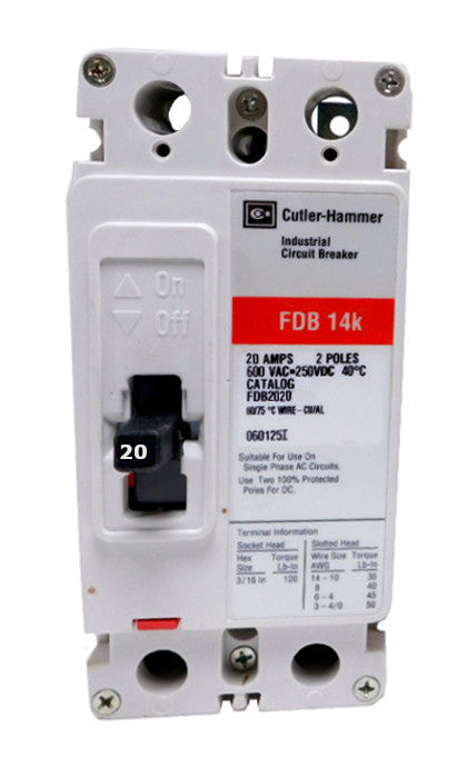 FDB2020L FDB Frame Style, Molded Case Circuit Breaker, Thermal Magnetic Non-interchangeable Trip Unit, 20 Ampere at 40 Degree Celsius, 2 Pole, 600VAC @ 50/60HZ, Line and Load End Terminals Standard. New Surplus and Certified Reconditioned with 1 Year Warranty.