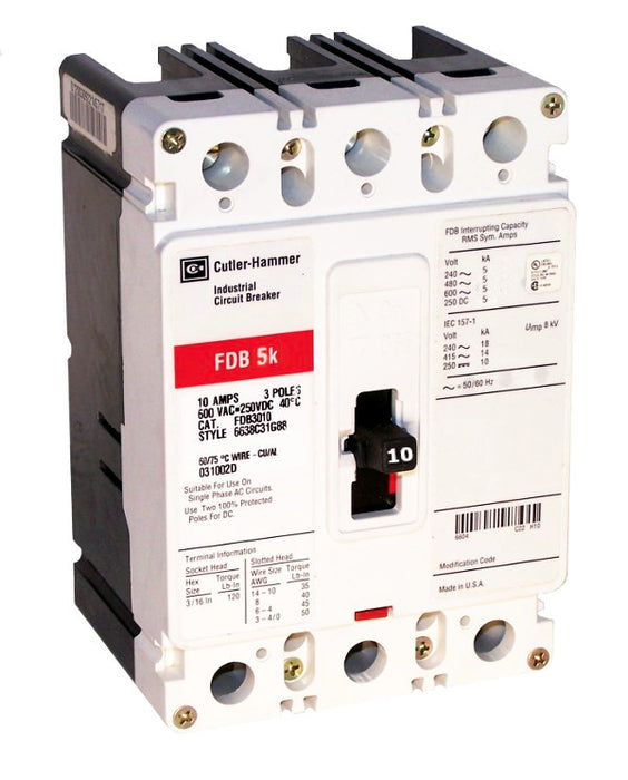 FDB3010L FDB Frame Style, Molded Case Circuit Breaker, Thermal Magnetic Non-interchangeable Trip Unit, 10 Ampere at 40 Degree Celsius, 3 Pole, 600VAC @ 50/60HZ, Line and Load End Terminals Standard. New Surplus and Certified Reconditioned with 1 Year Warranty.
