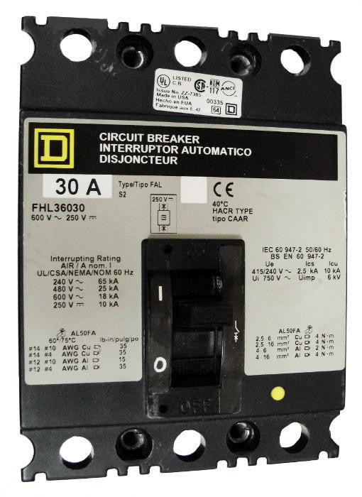 FHL36030 FHL Frame Style, Molded Case Circuit Breaker, Thermal Magnetic Non-interchangeable Trip Unit, 30 Ampere at 40 Degree Celsius, 3 Pole, Line and Load End Terminals Standard. New Surplus and Certified Reconditioned with 1 Year Warranty.