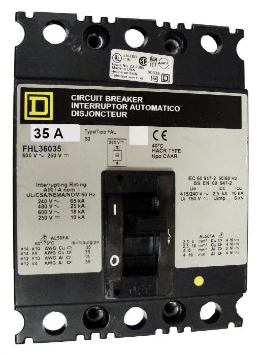 FHL36035 FHL Frame Style, Molded Case Circuit Breaker, Thermal Magnetic Non-interchangeable Trip Unit, 35 Ampere at 40 Degree Celsius, 3 Pole, Line and Load End Terminals Standard. New Surplus and Certified Reconditioned with 1 Year Warranty.