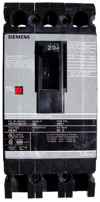 HED43B025 HED Frame Style, Molded Case Circuit Breaker, Thermal Magnetic Non-interchangeable Trip Unit, 25 Ampere at 40 Degree Celsius, 3 Pole, 240VAC and 480VAC @ 50/60HZ. New Surplus and Certified Reconditioned with 1 Year Warranty.