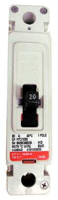 HFD1020L HFD Frame Style, Molded Case Circuit Breaker, Thermal Magnetic Non-interchangeable Trip Unit, High Interrupting Capacity, 20 Ampere at 40 Degree Celsius, 1 Pole, 600VAC @ 50/60HZ, Line and Load End Terminals Standard. New Surplus and Certified Reconditioned with 1 Year Warranty.
