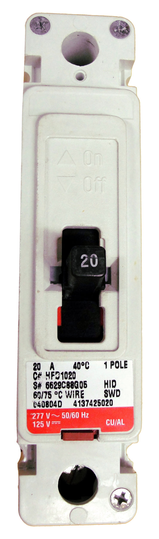 HFD1020L HFD Frame Style, Molded Case Circuit Breaker, Thermal Magnetic Non-interchangeable Trip Unit, High Interrupting Capacity, 20 Ampere at 40 Degree Celsius, 1 Pole, 600VAC @ 50/60HZ, Line and Load End Terminals Standard. New Surplus and Certified Reconditioned with 1 Year Warranty.