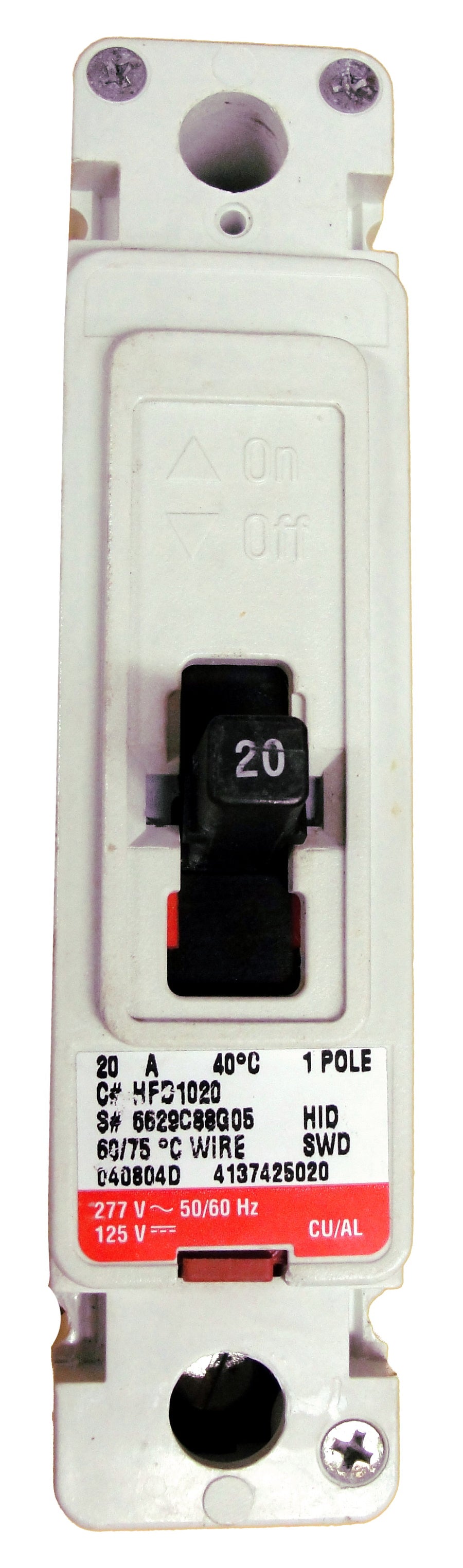 HFD1020L HFD Frame Style, Molded Case Circuit Breaker, Thermal Magnetic Non-interchangeable Trip Unit, High Interrupting Capacity, 20 Ampere at 40 Degree Celsius, 1 Pole, 600VAC @ 50/60HZ, Line and Load End Terminals Standard. New Surplus and Certified Reconditioned with 1 Year Warranty.