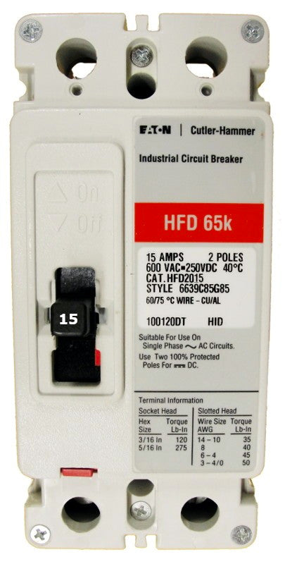 HFD2015L HFD Frame Style, Molded Case Circuit Breaker, Thermal Magnetic Non-interchangeable Trip Unit, High Interrupting Capacity, 15 Ampere at 40 Degree Celsius, 2 Pole, 600VAC @ 50/60HZ, Line and Load End Terminals Standard. New Surplus and Certified Reconditioned with 1 Year Warranty.