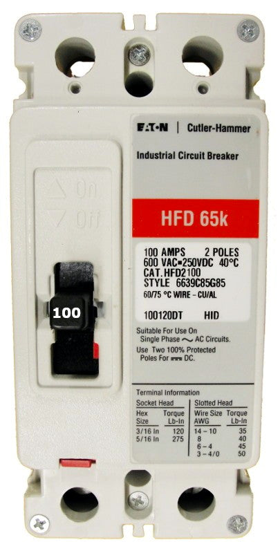 HFD2100L HFD Frame Style, Molded Case Circuit Breaker, Thermal Magnetic Non-interchangeable Trip Unit, High Interrupting Capacity, 100 Ampere at 40 Degree Celsius, 2 Pole, 600VAC @ 50/60HZ, Line and Load End Terminals Standard. New Surplus and Certified Reconditioned with 1 Year Warranty.