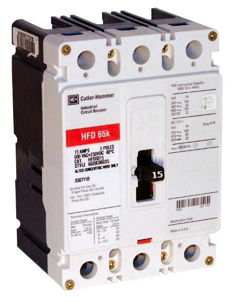 HFD3015L HFD Frame Style, Molded Case Circuit Breaker, Thermal Magnetic Non-interchangeable Trip Unit, High Interrupting Capacity, 15 Ampere at 40 Degree Celsius, 3 Pole, 600VAC @ 50/60HZ, Line and Load End Terminals Standard. New Surplus and Certified Reconditioned with 1 Year Warranty.