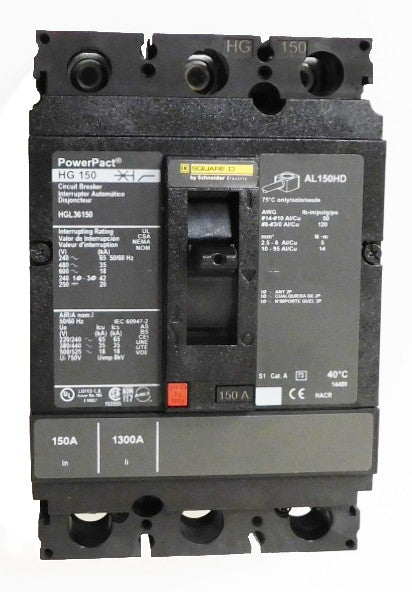 HGL36150 HGL Frame Style, PowerPact, Molded Case Circuit Breaker, Thermal Magnetic Non-interchangeable Trip Unit, 150 Ampere at 40 Degree Celsius, 3 Pole, Line and Load End Terminals Standard. New Surplus and Certified Reconditioned with 1 Year Warranty.