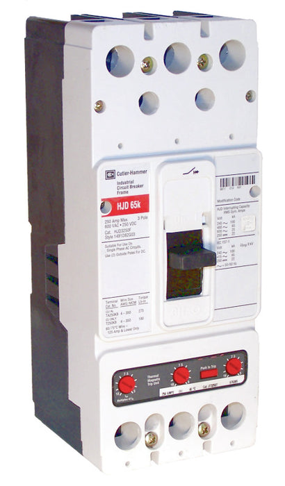 HJD3250 HJD Frame Style, Molded Case Circuit Breaker, High Interrupting Capacity, Thermal Magnetic Interchangeable Trip Unit, 250 Ampere at 40 Degree Celsius, 3 Pole, 600VAC @ 50/60HZ. New Surplus and Certified Reconditioned with 1 Year Warranty.