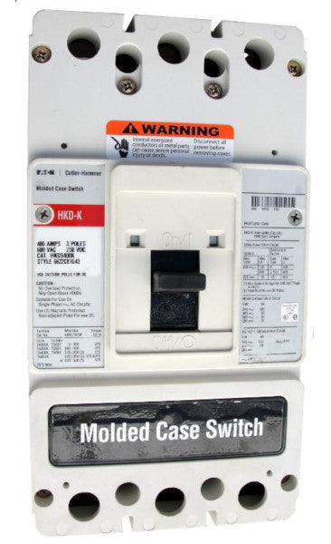 HKD3400K HKD Frame Style, High Magnetic Molded Case Switch, 400 Ampere at 40 Degree Celsius, 3 Pole, 600VAC @ 50/60HZ, Interrupting Ratings: 100 Kiloampere @ 240VAC, 65 Kiloampere @ 480VAC, 35 Kiloampere @ 600VAC, 22 Kiloampere @ 250VDC. New Surplus and Certified Reconditioned with 1 Year Warranty.