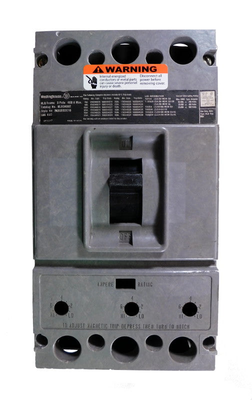 HLB3400F (Frame Only) HLB Frame Style, Frame Only, Mark 75, 400 Ampere Max at 40 Degree Celsius, 3 Pole, 600VAC @ 50/60HZ, High Interrupting Style, Interrupting Ratings: 75 Kiloampere @ 240VAC, 40 Kiloampere @ 480VAC, 30 Kiloampere @ 600VAC, Without Terminals. New Surplus and Certified Reconditioned with 1 Year Warranty.