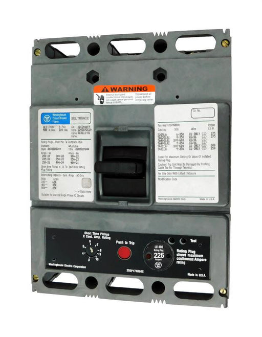 HLC3225M (HLC3400FM w/225 Amp Rating Plug) HLC Frame Style, Molded Case Circuit Breaker, High Interrupting Capacity, Magnetic Only Non-Interchangeable Trip Unit, 225 Ampere at 40 Degree Celsius, 3 Pole, 600VAC @ 50/60HZ, with 225 Amp Rating Plug Installed. New Surplus and Certified Reconditioned with 1 Year Warranty.