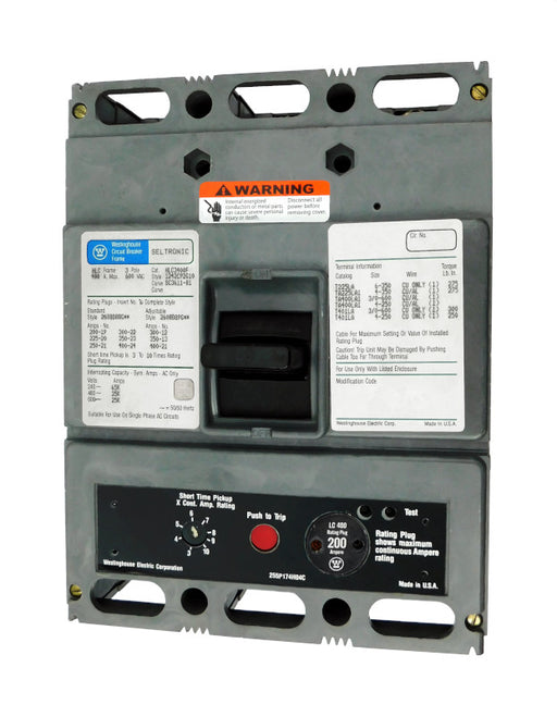 HLC3200 (HLC3400F w/200 Amp Rating Plug) HLC Frame Style, Molded Case Circuit Breaker, High Interrupting Capacity, LS Function Non-Interchangeable Trip Unit, 200 Ampere at 40 Degree Celsius, 3 Pole, 600VAC @ 50/60HZ, with 200 Amp Rating Plug Installed. New Surplus and Certified Reconditioned with 1 Year Warranty.
