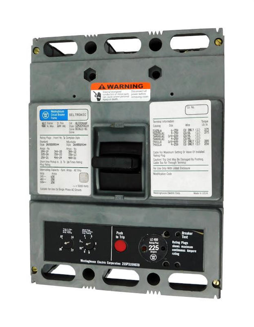 HLCA3225 (HLCA3400F w/225 Amp Rating Plug) HLCA Frame Style, Molded Case Circuit Breaker, High Interrupting Capacity, LSI Function Non-Interchangeable Trip Unit, 225 Ampere at 40 Degree Celsius, 3 Pole, 600VAC @ 50/60HZ, with 225 Amp Rating Plug Installed. New Surplus and Certified Reconditioned with 1 Year Warranty.