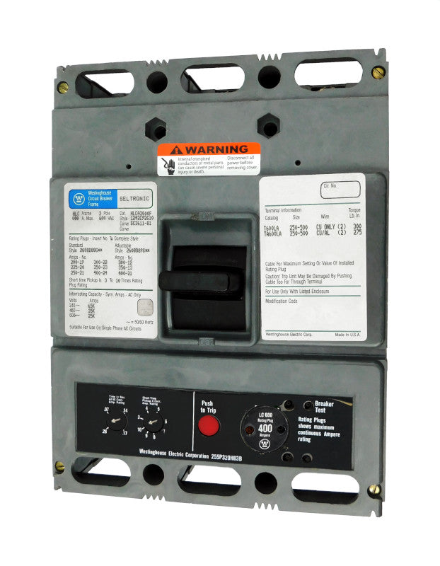 HLCA3400 (HLCA3600F w/400 Amp Rating Plug) HLCA Frame Style, Molded Case Circuit Breaker, High Interrupting Capacity, LSI Function Non-Interchangeable Trip Unit, 400 Ampere at 40 Degree Celsius, 3 Pole, 600VAC @ 50/60HZ, with 400 Amp Rating Plug Installed. New Surplus and Certified Reconditioned with 1 Year Warranty.