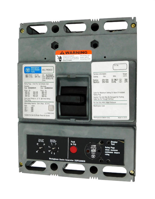 HLCA3400 (HLCA3600F w/400 Amp Rating Plug) HLCA Frame Style, Molded Case Circuit Breaker, High Interrupting Capacity, LSI Function Non-Interchangeable Trip Unit, 400 Ampere at 40 Degree Celsius, 3 Pole, 600VAC @ 50/60HZ, with 400 Amp Rating Plug Installed. New Surplus and Certified Reconditioned with 1 Year Warranty.