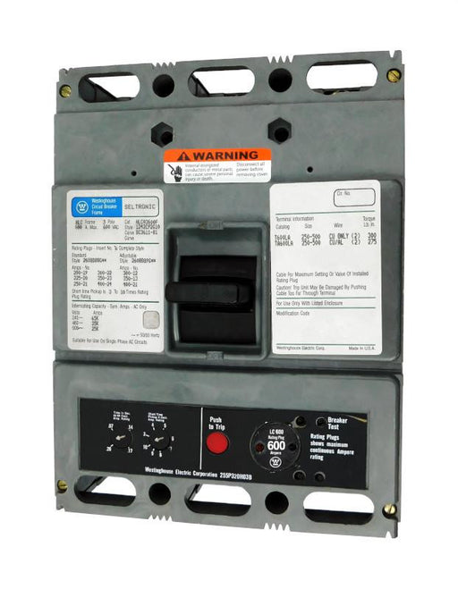 HLCA3600 (HLCA3600F w/600 Amp Rating Plug) HLCA Frame Style, Molded Case Circuit Breaker, High Interrupting Capacity, LSI Function Non-Interchangeable Trip Unit, 600 Ampere at 40 Degree Celsius, 3 Pole, 600VAC @ 50/60HZ, with 600 Amp Rating Plug Installed. New Surplus and Certified Reconditioned with 1 Year Warranty.