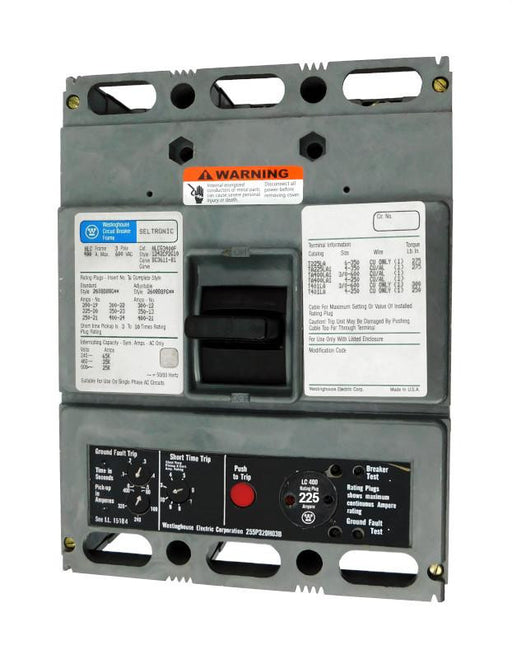HLCG3225 (HLCG3400F w/225 Amp Rating Plug) HLCG Frame Style, Molded Case Circuit Breaker, High Interrupting Capacity, LSG Function Non-Interchangeable Trip Unit, 225 Ampere at 40 Degree Celsius, 3 Pole, 600VAC @ 50/60HZ, 400 Amp Max Frame, with 225 Amp Rating Plug Installed, with Line and Load End Terminals Standard. New Surplus and Certified Reconditioned with 1 Year Warranty.
