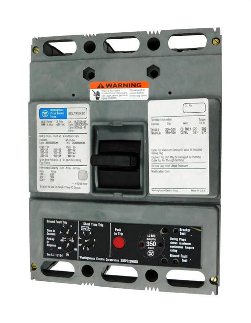 HLCG3350 (HLCG3600F w/350 Amp Rating Plug) HLCG Frame Style, Molded Case Circuit Breaker, High Interrupting Capacity, LSG Function Non-Interchangeable Trip Unit, 350 Ampere at 40 Degree Celsius, 3 Pole, 600VAC @ 50/60HZ, 600 Amp Max Frame, with 350 Amp Rating Plug Installed, with Line and Load End Terminals Standard. New Surplus and Certified Reconditioned with 1 Year Warranty.
