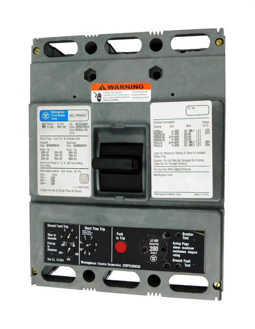 HLCG3200 (HLCG3400F w/200 Amp Rating Plug) HLCG Frame Style, Molded Case Circuit Breaker, High Interrupting Capacity, LSG Function Non-Interchangeable Trip Unit, 200 Ampere at 40 Degree Celsius, 3 Pole, 600VAC @ 50/60HZ, 400 Amp Max Frame, with 200 Amp Rating Plug Installed, with Line and Load End Terminals Standard. New Surplus and Certified Reconditioned with 1 Year Warranty.