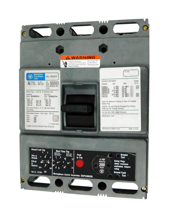HLCGA3200 (HLCGA3400F w/200 Amp Rating Plug) HLCGA Frame Style, Molded Case Circuit Breaker, High Interrupting Capacity, LSIG Function Non-Interchangeable Trip Unit, 200 Ampere at 40 Degree Celsius, 3 Pole, 600VAC @ 50/60HZ, 400 Amp Max Frame, with 200 Amp Rating Plug Installed, with Line and Load End Terminals Standard. New Surplus and Certified Reconditioned with 1 Year Warranty.