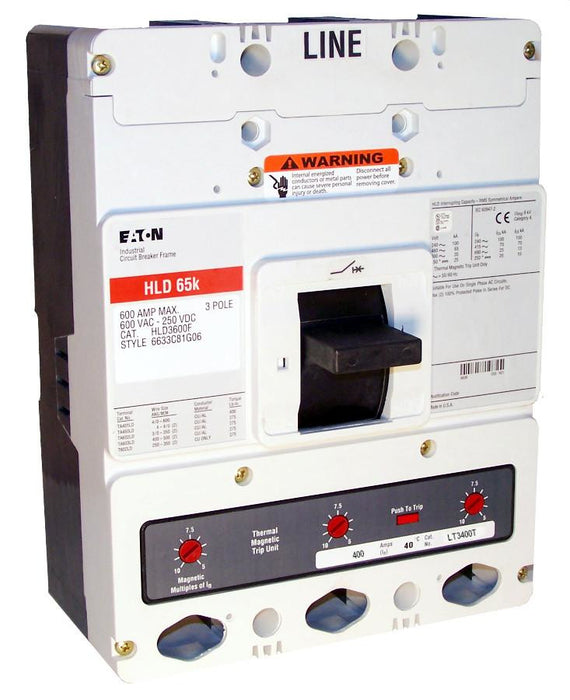 HLD3400 HLD Frame Style, Molded Case Circuit Breaker, High Interrupting Capacity, Thermal Magnetic Interchangeable Trip Unit, 400 Ampere at 40 Degree Celsius, 3 Pole, 600VAC @ 50/60HZ. New Surplus and Certified Reconditioned with 1 Year Warranty.