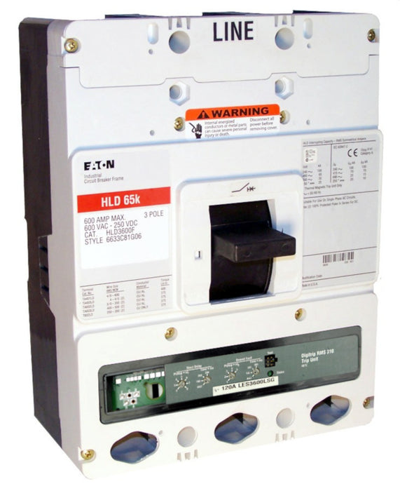 HLD3600F w/LES3600LSG (RMS 310) HLD Frame Style, Molded Case Circuit Breaker, LSG Function Non-Interchangeable Trip Unit, 600 Ampere Max at 40 Degree Celsius, 3 Pole, 600VAC @ 50/60HZ, High Interrupting Capacity, Rating Plug Not Included. New Surplus and Certified Reconditioned with 1 Year Warranty.