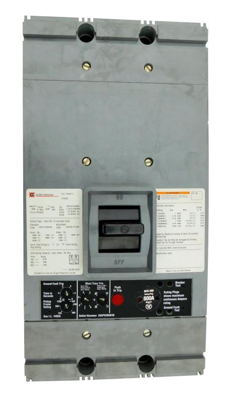 HMCGA3400 HMCGA Frame Style, Molded Case Circuit Breaker, Mark 75, LSIG Function Non-Interchangeable Trip Unit, 3 Pole, 600VAC @ 50/60HZ, High Interrupting Style, with 400 Amp Rating Plug, Line and Load End Terminals Standard. New Surplus and Certified Reconditioned with 1 Year Warranty.