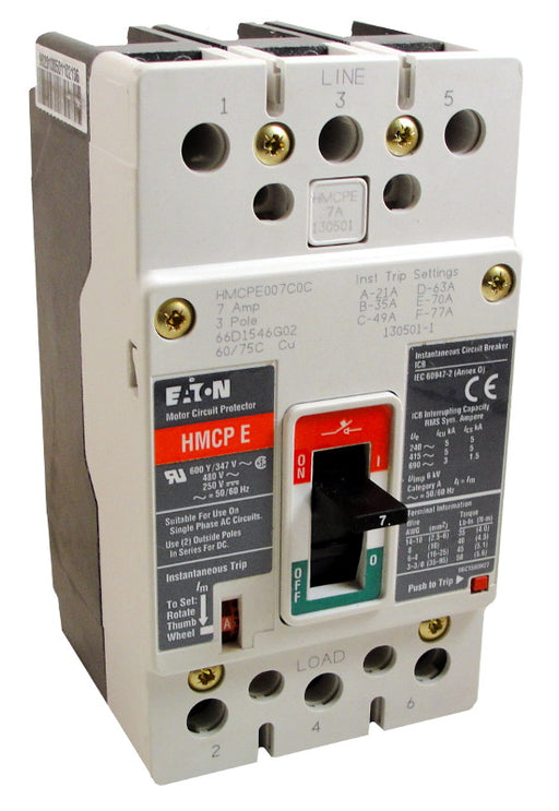 HMCPE070M2C Motor Circuit Protector (MCP), EG Frame Style, Molded Case Circuit Breaker, Magnetic Non-interchangeable Trip Unit, Instantaneous-only, 70 Amperes, 3 Pole, 210-770 Trip Setting, Non-aluminum Body Terminals Standard, 600Y/377VAC, 250VDC Maximum. New Surplus and Certified Reconditioned with 1 Year Warranty.