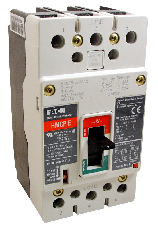 HMCPE007C0C Motor Circuit Protector (MCP), EG Frame Style, Molded Case Circuit Breaker, Magnetic Non-interchangeable Trip Unit, Instantaneous-only, 7 Amperes, 3 Pole, 21-77 Trip Setting, Non-aluminum Body Terminals Standard, 600Y/377VAC, 250VDC Maximum. New Surplus and Certified Reconditioned with 1 Year Warranty.