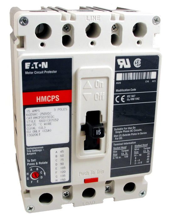 HMCPS003A0C Motor Circuit Protector (MCP),F Frame Style, Molded Case Circuit Breaker, MCPs for Application with Motor Starters Equipped with Electronic Overload Relays, Magnetic Non-interchangeable Trip Unit, Instantaneous-only, 3 Amperes, 3 Pole, 9-30 Trip Setting, Non-aluminum Terminals Standard, 600VAC, 250VDC Maximum. New Surplus and Certified Reconditioned with 1 Year Warranty.