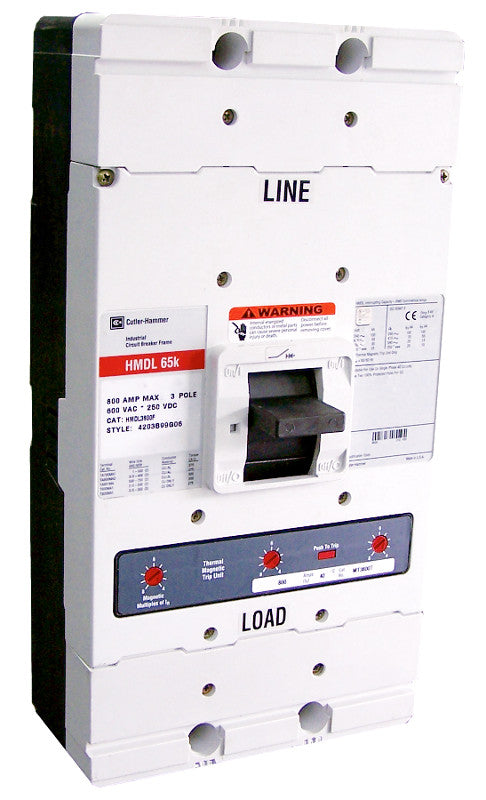 HMDL3450 HMDL Frame Style, Molded Case Circuit Breaker, Thermal Magnetic Interchangeable Trip Unit, 450 Ampere at 40 Degree Celsius, 3 Pole, 600VAC @ 50/60HZ. New Surplus and Certified Reconditioned with 1 Year Warranty.