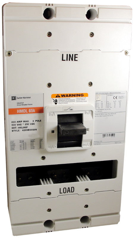 HMDL3800F (Frame Only) Pole, 600VAC @ 50/60HZ, High Interrupting Ratings: 100 Kiloampere @ 240VAC, 65 Kiloampere @ 480VAC, 35 Kiloampere @ 600VAC, 25 Kiloampere @ 250VDC. New Surplus and Certified Reconditioned with 1 Year Warranty.