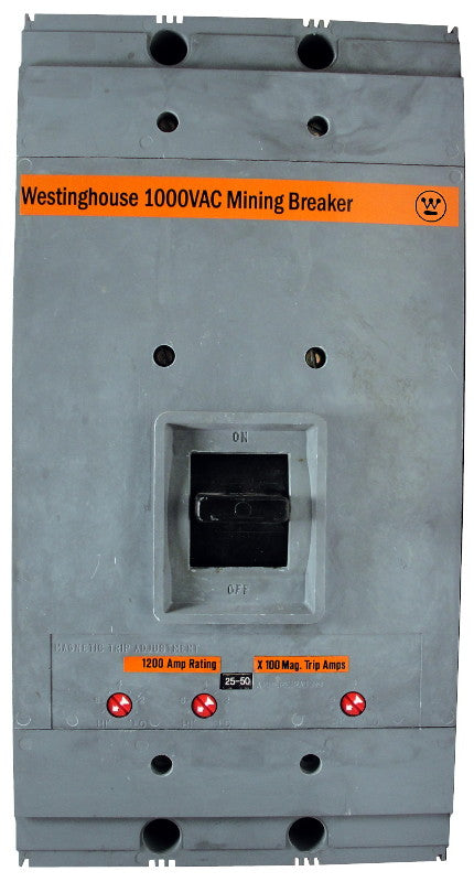 HNBM31200 2500-5000 THERMAL-MAG W/ UVR N Frame Style, Molded Case Mining Circuit Breaker, Interchangeable Thermal Magnetic Trip Unit, 1200 Ampere at 40 Degree Celsius, 3 Pole, 1000VAC @ 50/60HZ, Interrupting Ratings: 14 Kiloampere @ 1000VAC, 120v UVR installed, No Lugs Standard. 1 Year Warranty.