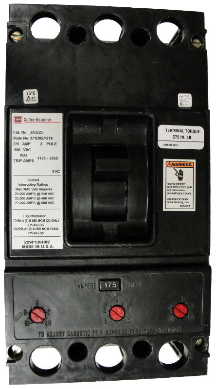 JA3150 JA Frame Style, Molded Case Circuit Breaker, Thermal Magnetic Non-Interchangeable Trip Unit, 150 Ampere at 40 Degree Celsius, 3 Pole, 600VAC @ 50/60HZ, Interrupting Ratings: 25 Kiloampere @ 240VAC, 22 Kiloampere @ 480VAC, 22 Kiloampere @ 600VAC. Certified Reconditioned with 1 Year Warranty.