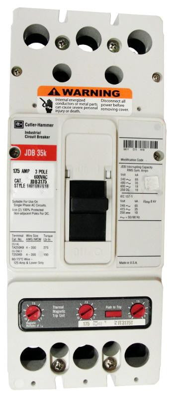 JDB3175 JDB Frame Style, Molded Case Circuit Breaker, Thermal Magnetic Non-Interchangeable Trip Unit, 175 Ampere at 40 Degree Celsius, 3 Pole, 600VAC @ 50/60HZ, Interrupting Ratings: 65 Kiloampere @ 240VAC, 35 Kiloampere @ 480VAC, 18 Kiloampere @ 600VAC, 10 Kiloampere @ 250VDC. New Surplus and Certified Reconditioned with 1 Year Warranty.