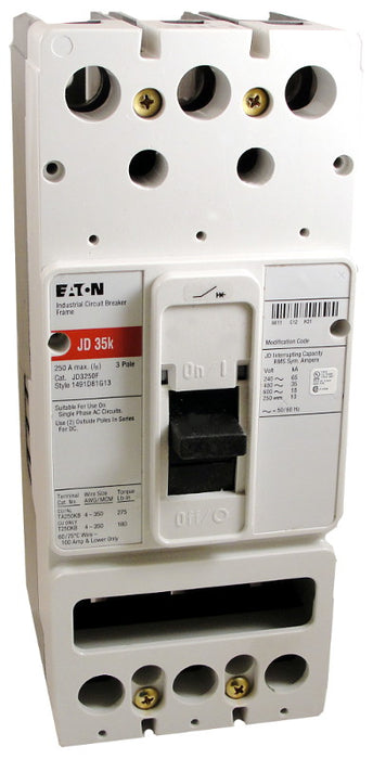 JD3250F (Frame Only) JD Frame Style, Molded Case Circuit Breaker Frame, Frame Only (No Trip Unit Included), 3 Pole, 600VAC @ 50/60HZ, Interrupting Ratings: 65 Kiloampere @ 240VAC, 35 Kiloampere @ 480VAC, 18 Kiloampere @ 600VAC, 10 Kiloampere @ 250VDC. New Surplus and Certified Reconditioned with 1 Year Warranty.