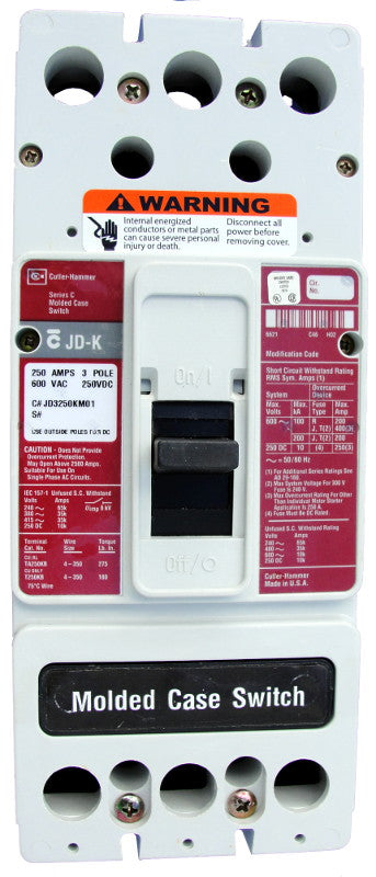 JD3250K JD Frame Style, High Magnetic Molded Case Switch, 250 Ampere at 40 Degree Celsius, 3 Pole, 600VAC @ 50/60HZ, Interrupting Ratings: 65 Kiloampere @ 240VAC, 35 Kiloampere @ 480VAC, 18 Kiloampere @ 600VAC, 10 Kiloampere @ 250VDC. New Surplus and Certified Reconditioned with 1 Year Warranty.