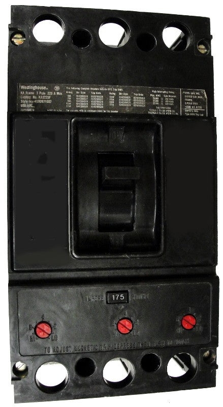 KA3225 KA Frame Style, Molded Case Circuit Breaker, Thermal Magnetic Non-Interchangeable Trip Unit, 225 Ampere at 40 Degree Celsius, 3 Pole, 600VAC @ 50/60HZ, Without Terminals. New Surplus and Certified Reconditioned with 1 Year Warranty.