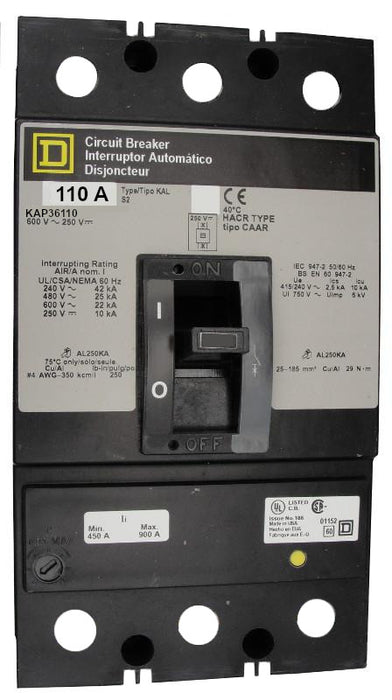 KAP36110 KAP Frame Style, Molded Case Circuit Breaker, Panel Mounted, Thermal Magnetic Non-interchangeable Trip Unit, 110 Ampere at 40 Degree Celsius, 3 Pole, Load End Terminals Standard. New Surplus and Certified Reconditioned with 1 Year Warranty.