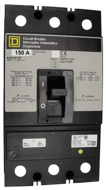 KAP36150 KAP Frame Style, Molded Case Circuit Breaker, Panel Mounted, Thermal Magnetic Non-interchangeable Trip Unit, 150 Ampere at 40 Degree Celsius, 3 Pole, Load End Terminals Standard. New Surplus and Certified Reconditioned with 1 Year Warranty.