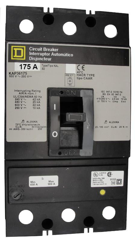 KAP36175 KAP Frame Style, Molded Case Circuit Breaker, Panel Mounted, Thermal Magnetic Non-interchangeable Trip Unit, 175 Ampere at 40 Degree Celsius, 3 Pole, Load End Terminals Standard. New Surplus and Certified Reconditioned with 1 Year Warranty.