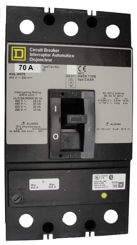 KHL36070 KHL Frame Style, Molded Case Circuit Breaker, Thermal Magnetic Non-interchangeable Trip Unit, 70 Ampere at 40 Degree Celsius, 3 Pole, Line and Load End Terminals Standard. New Surplus and Certified Reconditioned with 1 Year Warranty.