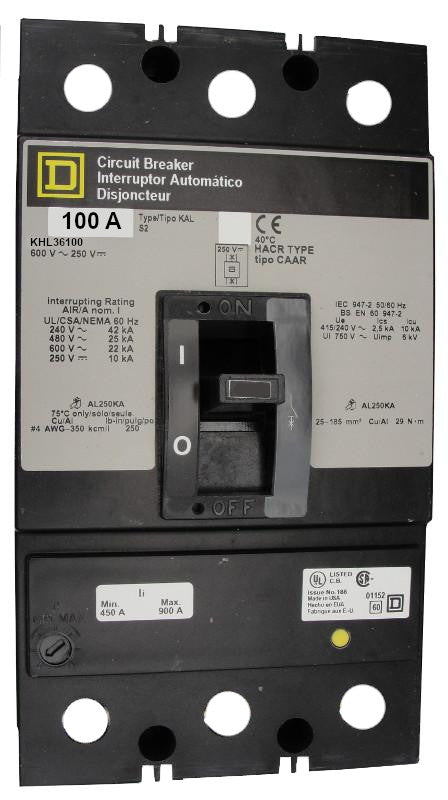 KHL36100 KHL Frame Style, Molded Case Circuit Breaker, Thermal Magnetic Non-interchangeable Trip Unit, 100 Ampere at 40 Degree Celsius, 3 Pole, Line and Load End Terminals Standard. New Surplus and Certified Reconditioned with 1 Year Warranty.